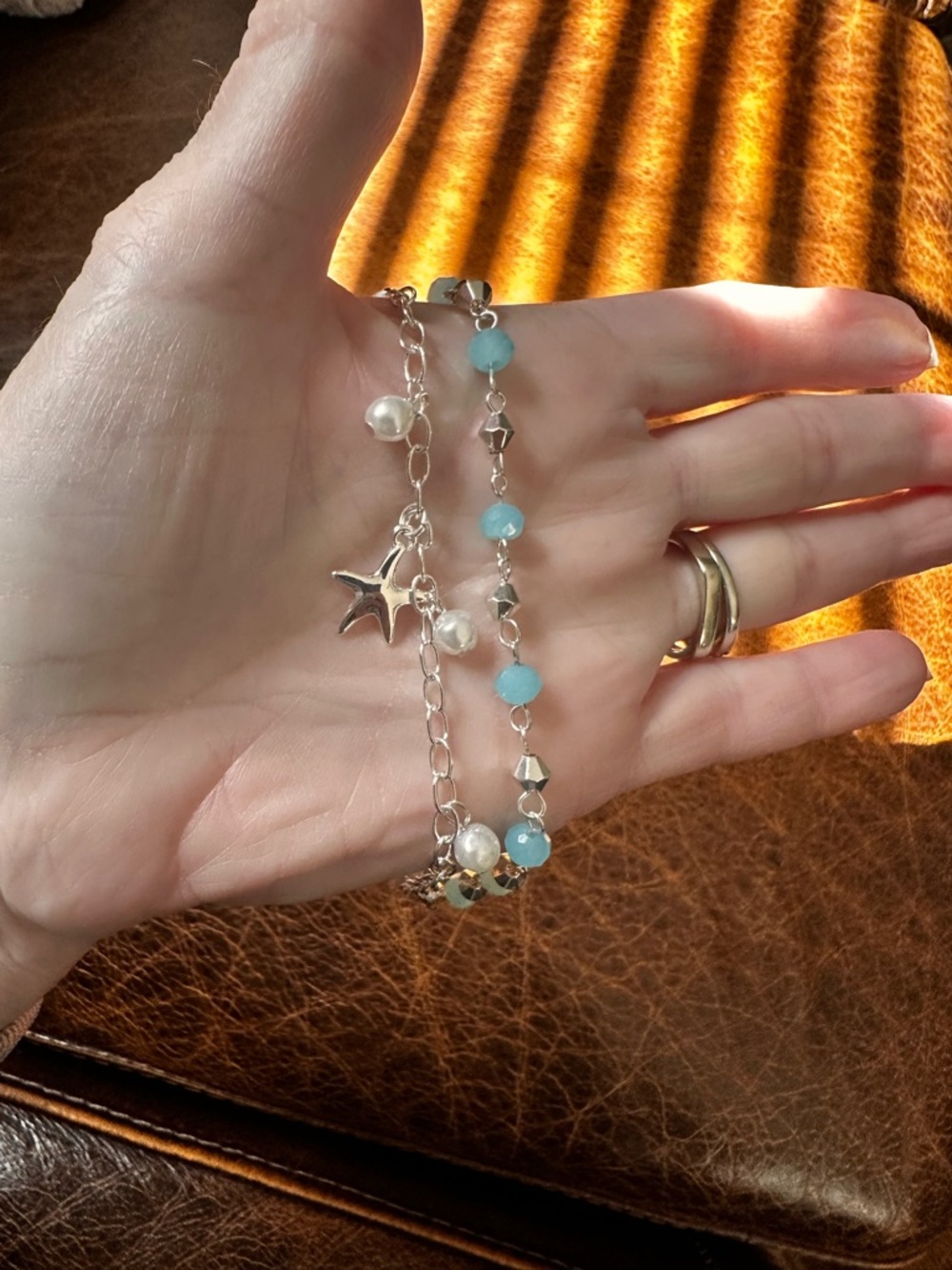 Silver Star Charm bracelet with Turquoise and White Beads